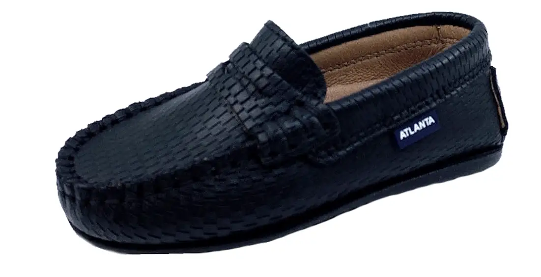 Atlanta Mocassin Boy's & Girl's Black Perforated Slip On Moccasin Penny Loafer Shoe