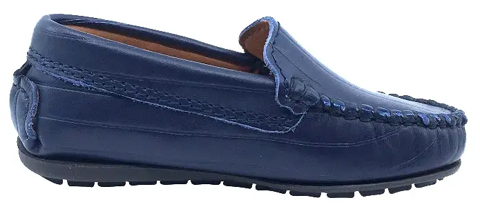 Atlanta Mocassin Boy's and Girl's Leather Embossed Stripe Loafers, Navy