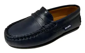 Atlanta Mocassin Boy's and Girl's Smooth Leather Penny Loafers, Navy Blue Sierra Antik