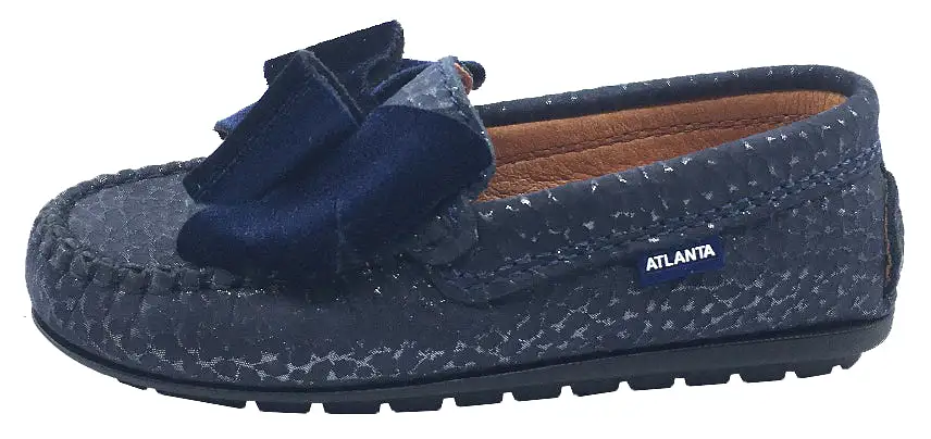 Atlanta Mocassin Girl's Leather with Velvet Bow Loafers, Navy Print/Navy Velvet Bow