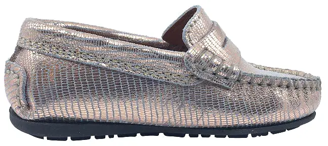 Atlanta Mocassin Girl's Rose Gold Printed Metallic Leather Slip On Moccasin Loafer Flat Shoe