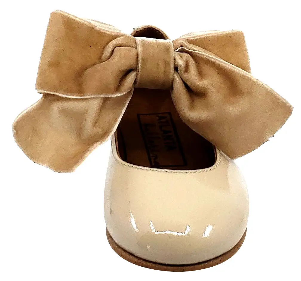 Atlanta Mocassin Girl's Snap Closure Velvet Bow Mary Jane, Taupe Sand