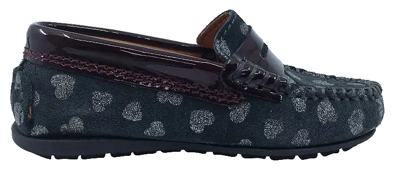 Atlanta Mocassin Girl's Suede and Patent Heart Print Penny Loafers, Grey Suede/Burgundy Patent