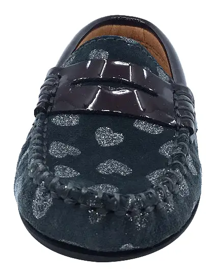 Atlanta Mocassin Girl's Suede and Patent Heart Print Penny Loafers, Grey Suede/Burgundy Patent