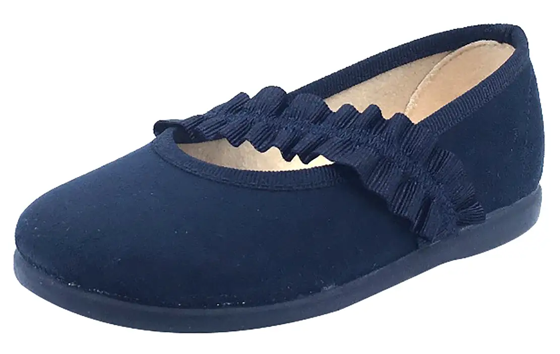 ChildrenChic Girl's Frilly Elastic Mary Jane, Navy Blue Suede