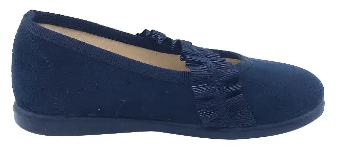 ChildrenChic Girl's Frilly Elastic Mary Jane, Navy Blue Suede