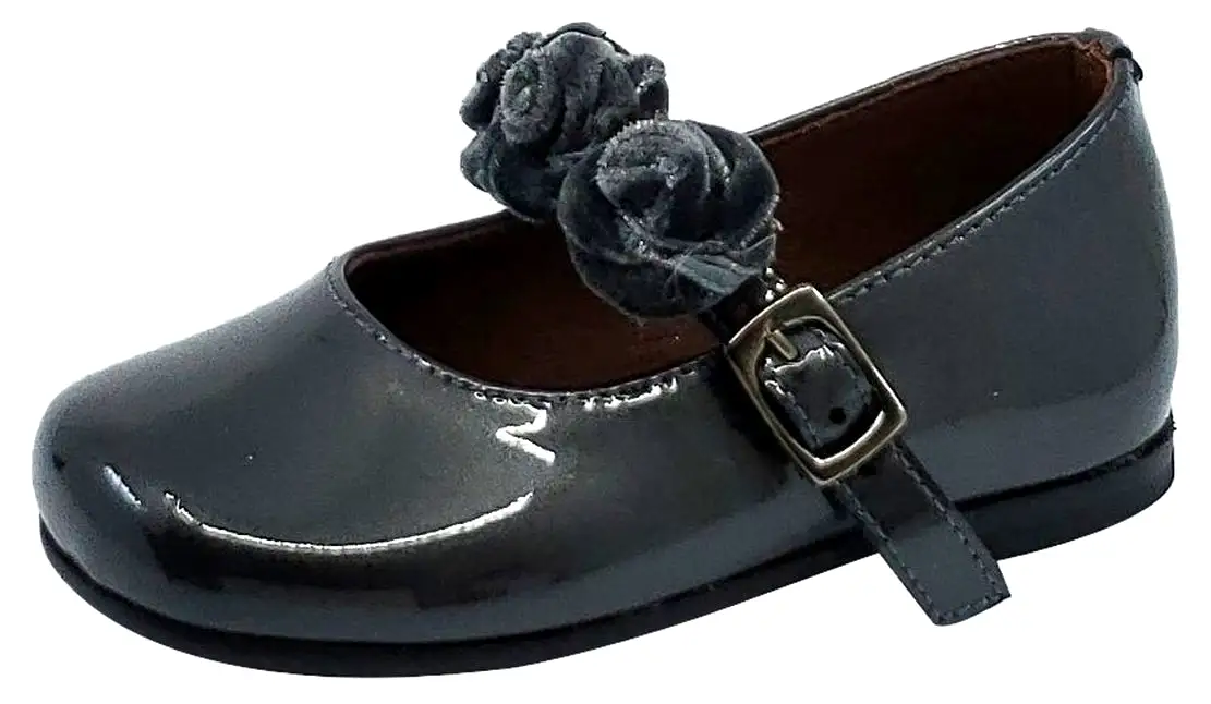 Clarys Girl's Flower Embellishment Buckle Mary Jane, Grey Patent