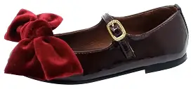 Clarys Girl's Patent Leather Mary Jane with Velvet Bow, Burgundy Patent