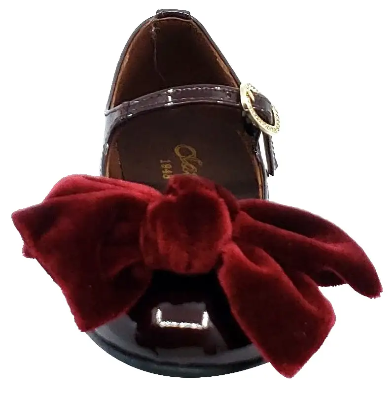 Clarys Girl's Patent Leather Mary Jane with Velvet Bow, Burgundy Patent