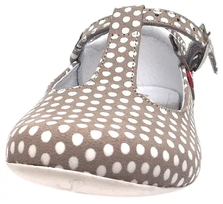 Emel Girl's Polka Dot Light Tan Leather T-Strap Mary Jane Shoe