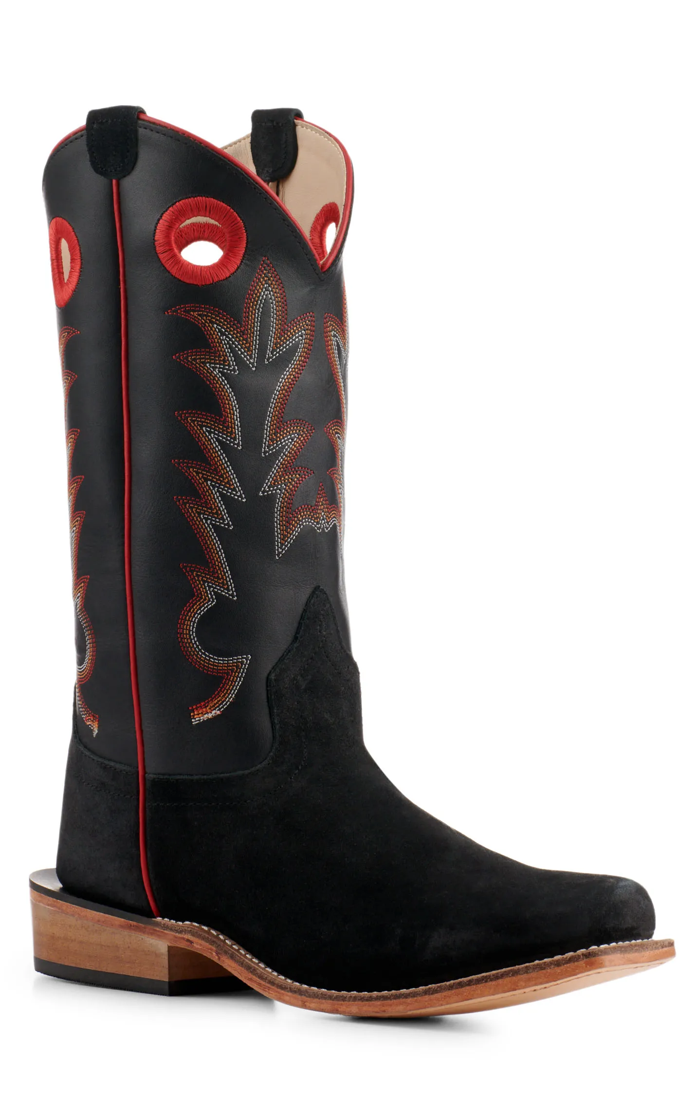 Old West Youth Black with Black Suede Square Toe Cowboy Boots