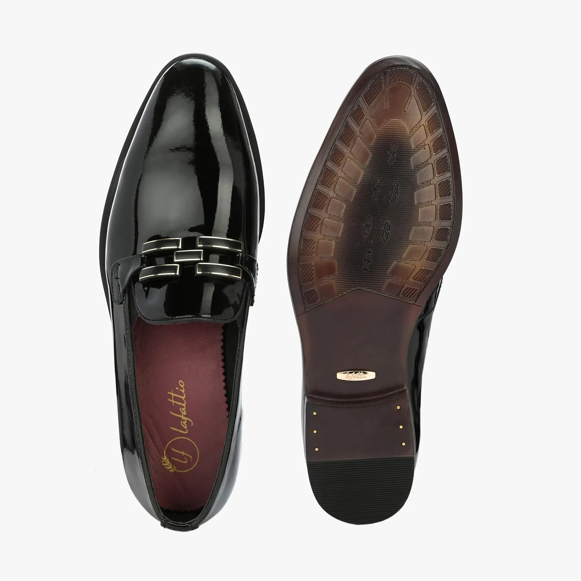 Patent Black Buckled Moccasins by Lafattio